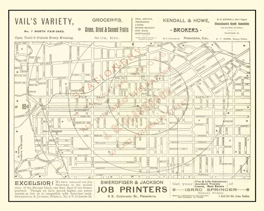 Antique Map of Pasadena, California from 1893 showing early cartography of the city with businesses and streets.