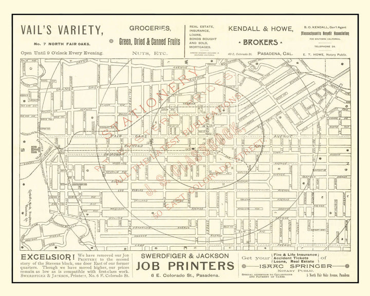 Antique Map of Pasadena, California from 1893 showing early cartography of the city with businesses and streets.