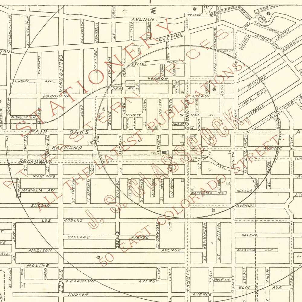 Antique Map of Pasadena, California from 1893 highlighting historic streets and rail lines of Southern California