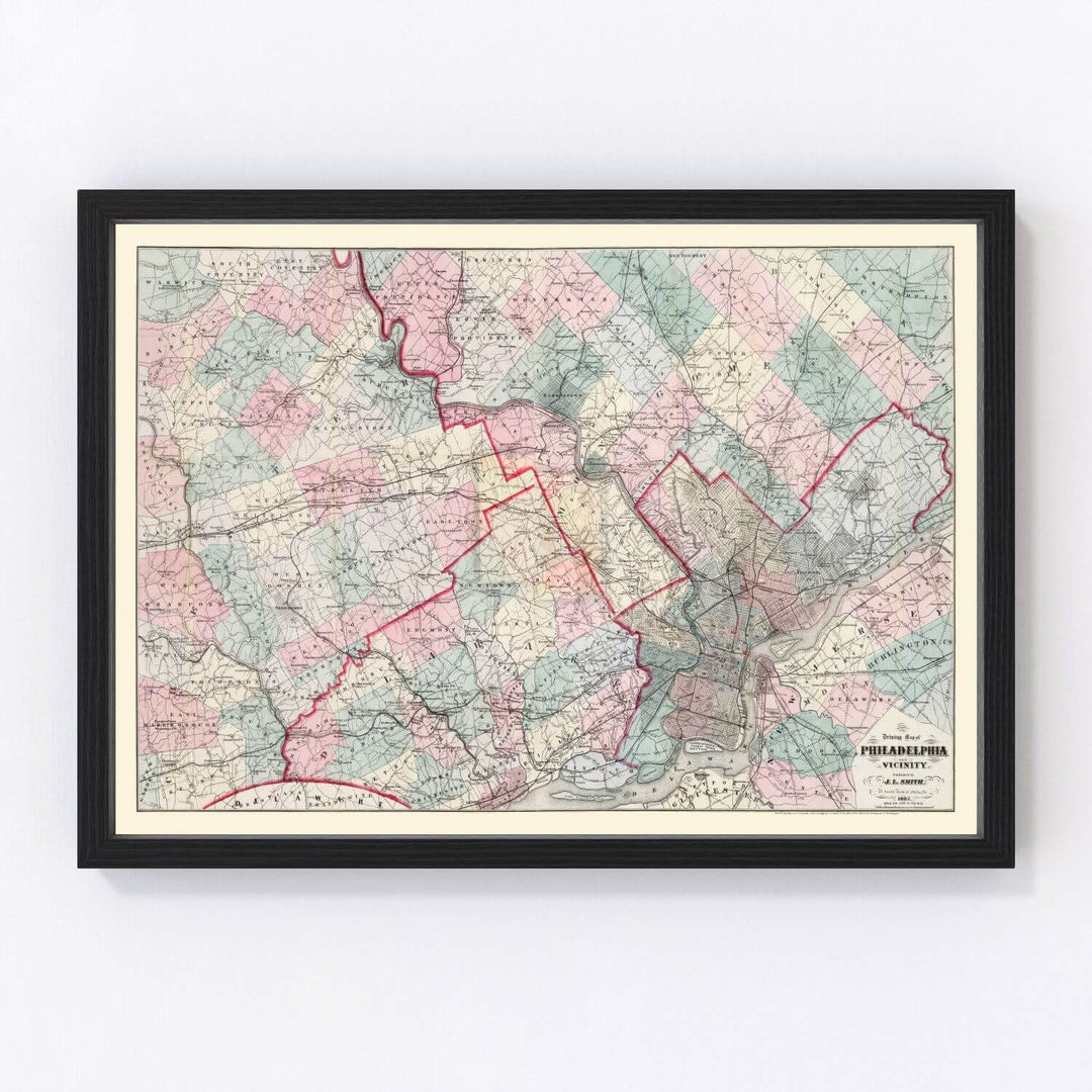 Antique Map of Philadelphia, Pennsylvania from 1882 in classic black frame