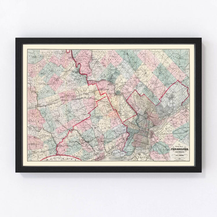 Antique Map of Philadelphia, Pennsylvania from 1882 in classic black frame