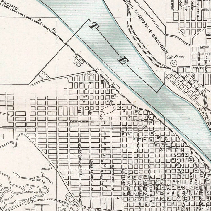 Antique Map of Portland, Oregon from 1901 showing detailed city layout along the river, highlighting early 20th-century infrastructure.