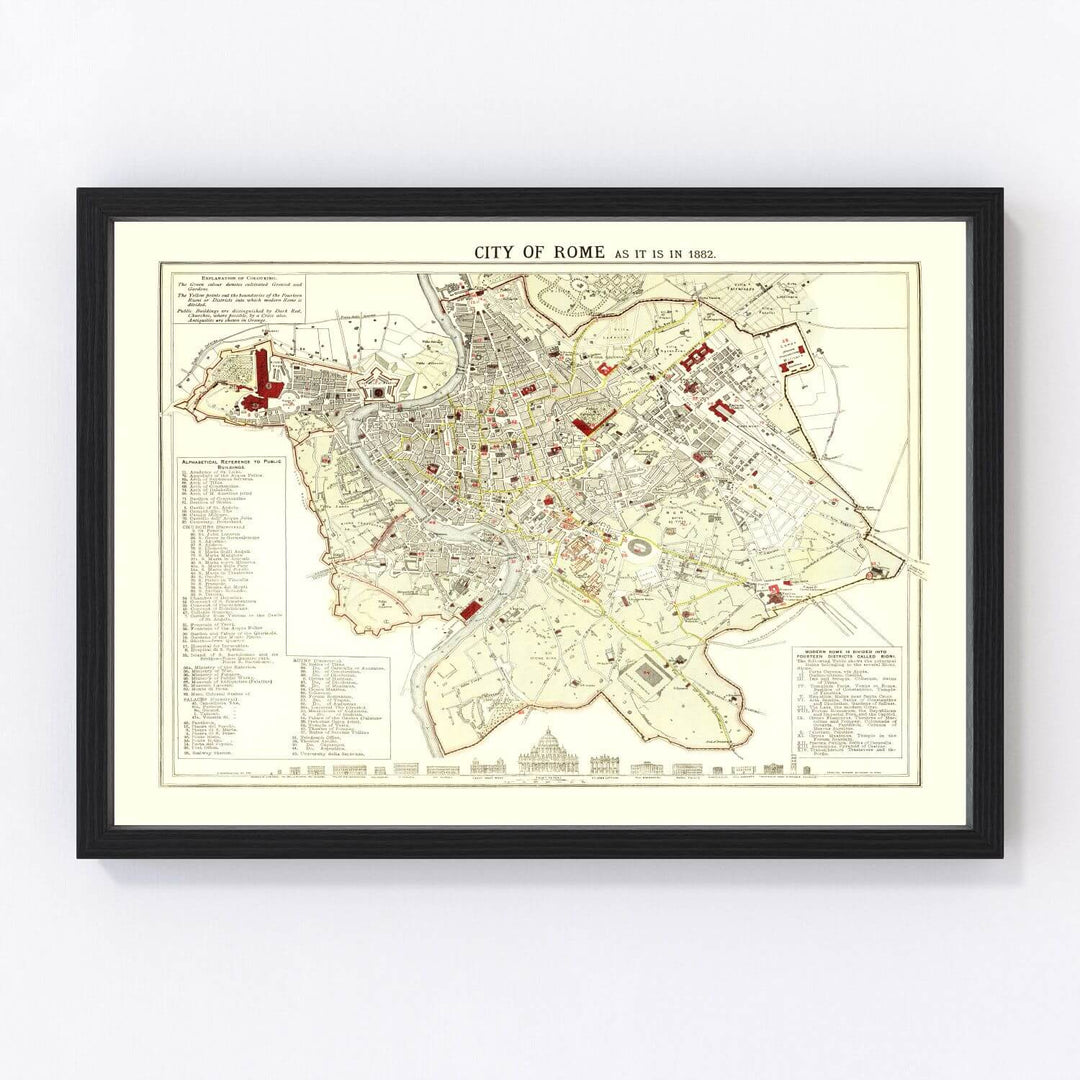 Antique Map of Rome, Italy from 1883 - vintage lithograph of Rome's streets and landmarks in a classic black frame