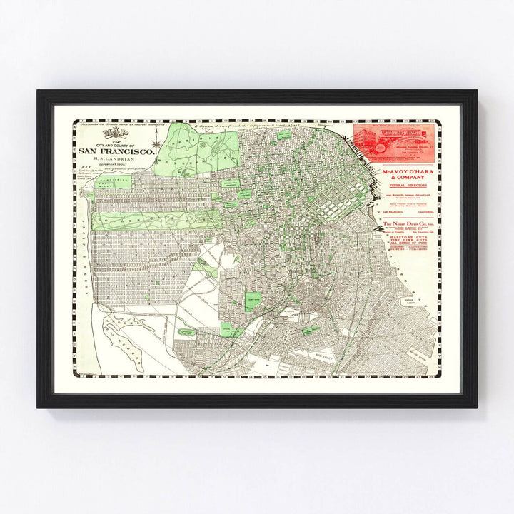 Antique Map of San Francisco, California from 1906 displayed in a black frame, showcasing historic city layout.