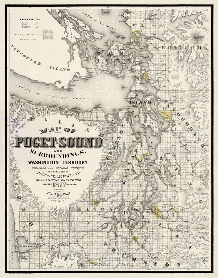 Antique Map of Seattle, Washington from 1877 showing Puget Sound and surroundings, a rare cartographic treasure from the Washington Territory.