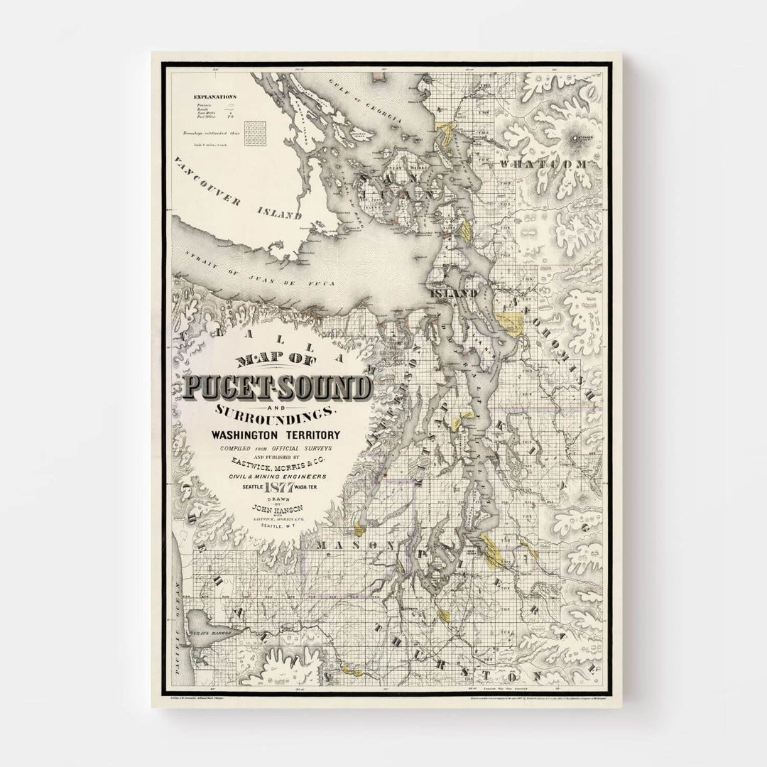 Antique Map of Seattle, Washington from 1877, rare 19th-century cartographic treasure of Washington Territory, early Pacific Northwest.