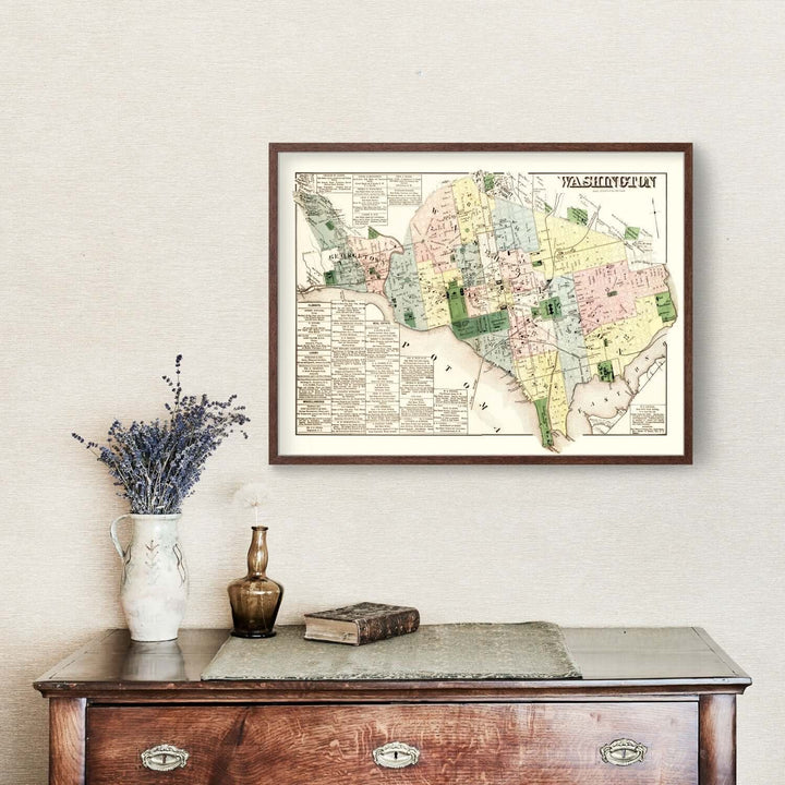 Antique Map of Washington, D.C. from 1879 framed on wall above vintage dresser