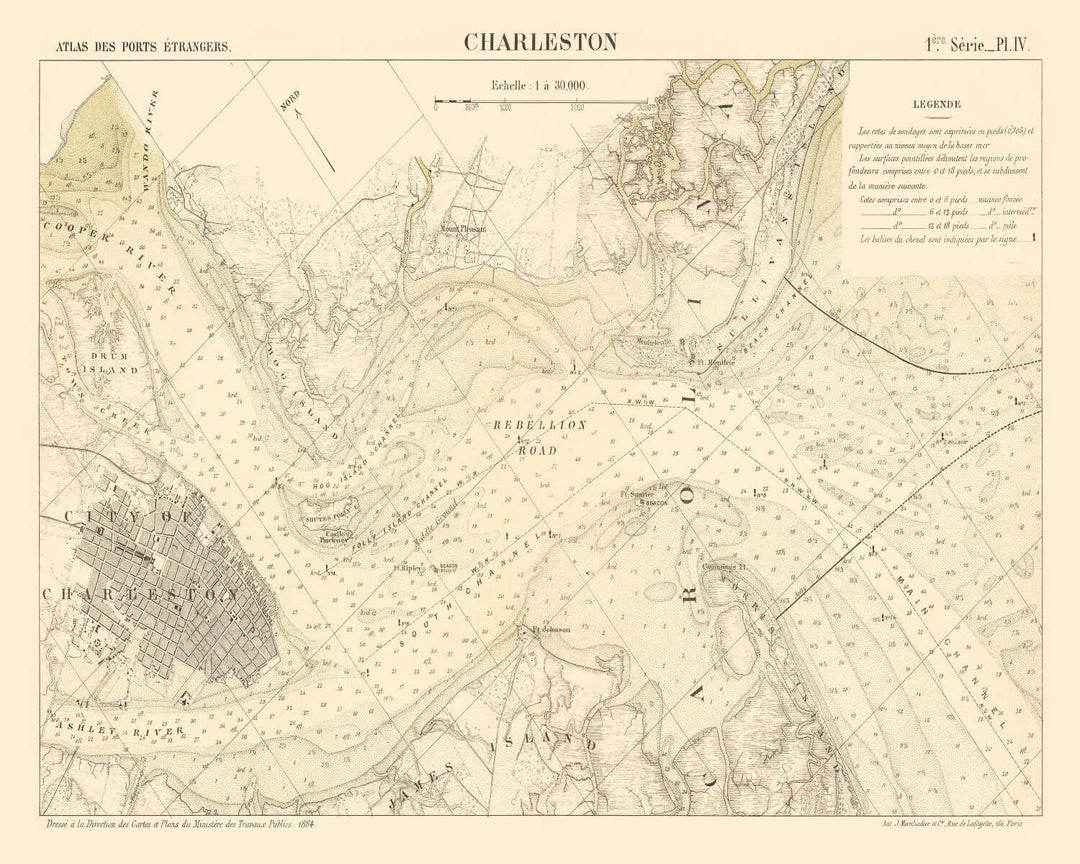 Antique Map of Charleston, South Carolina from 1884 - detailed nautical chart shown