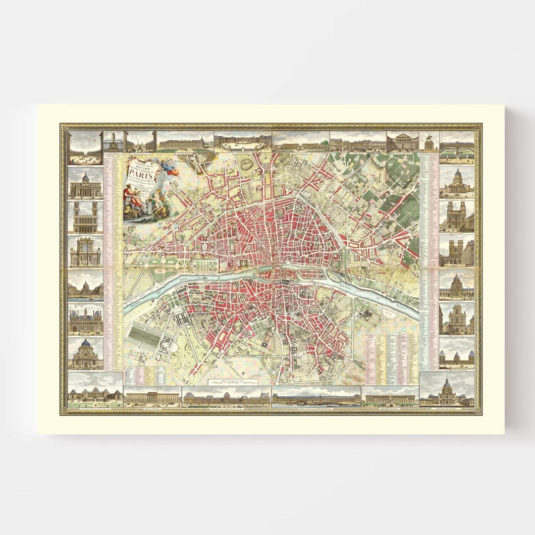 Antique Paris Map Print from 1784 showing 18th-century Parisian streets and the Seine, beautifully restored for elegance and history.