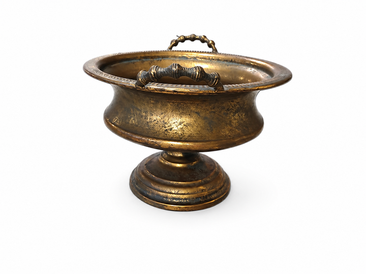 Empty Antique Patina Pedestal Bowl Planter showing its broad rim and aged finish