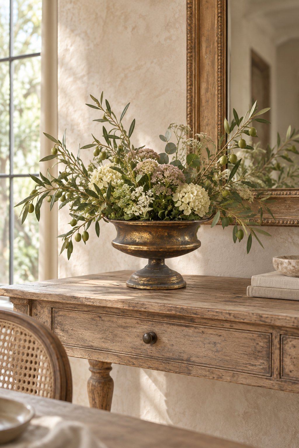 Antique Patina Pedestal Bowl Planter with olive branches on a French country console