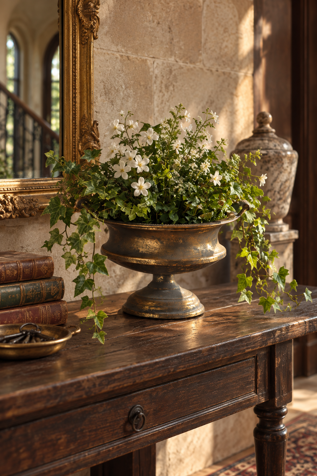 Antique Patina Pedestal Bowl Planter with white flowers in an old-world entry