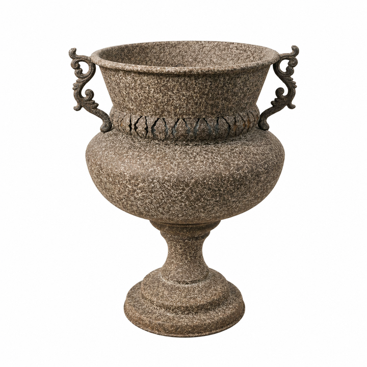 Full front view of the iron urn planter on its pedestal base