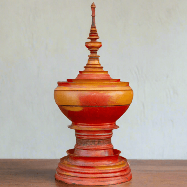 Antique Shan-Style Burmese Temple Vessel, 19th-century offering vessel with stupa design, sacred craftsmanship, Burmese monastery artifact