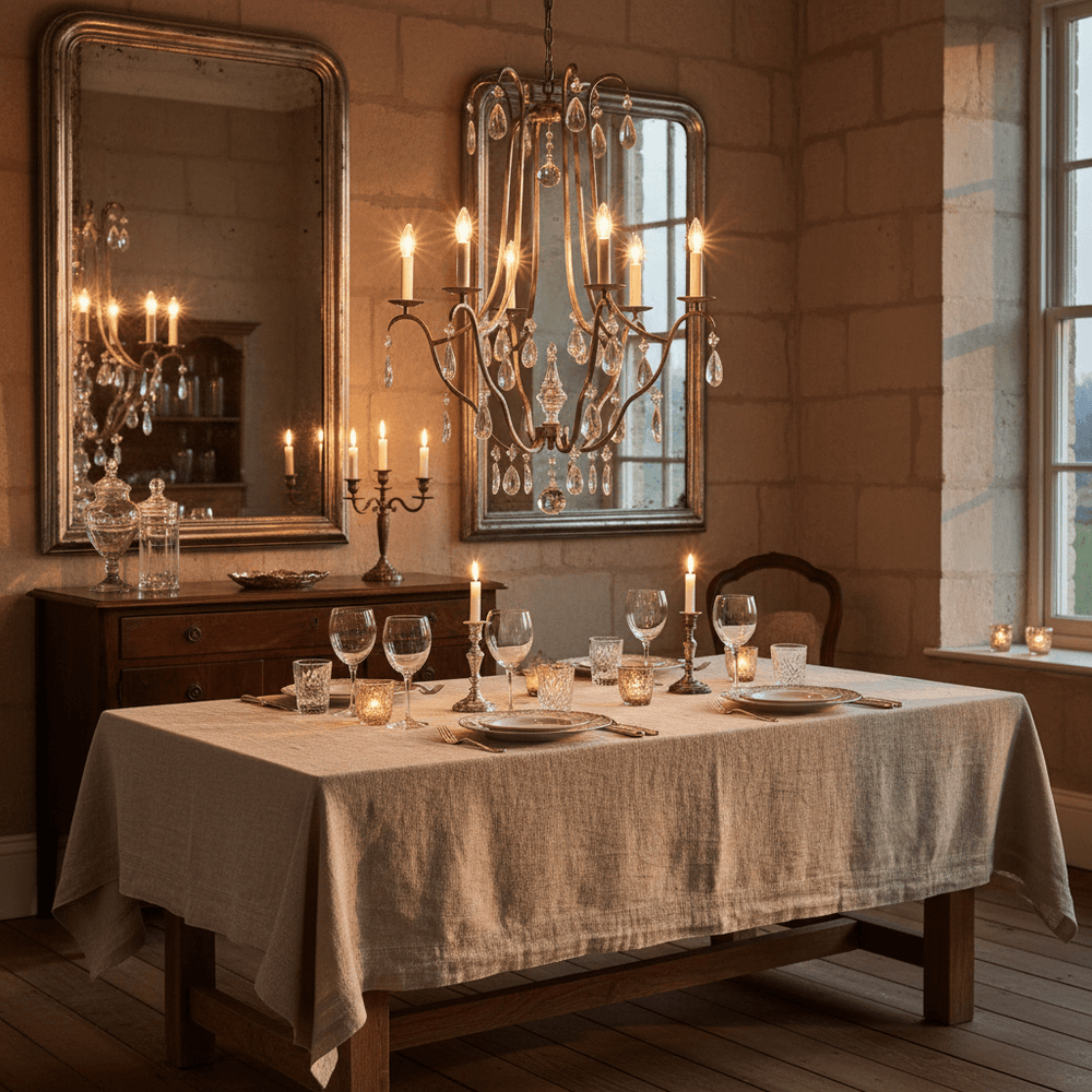 Elegant dining room featuring an Antique Silver Leaf Italian Chandelier with Crystal Drops illuminating a rustic wooden table setting.