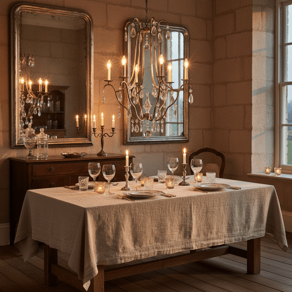 Elegant dining room featuring an Antique Silver Leaf Italian Chandelier with Crystal Drops illuminating a rustic wooden table setting.