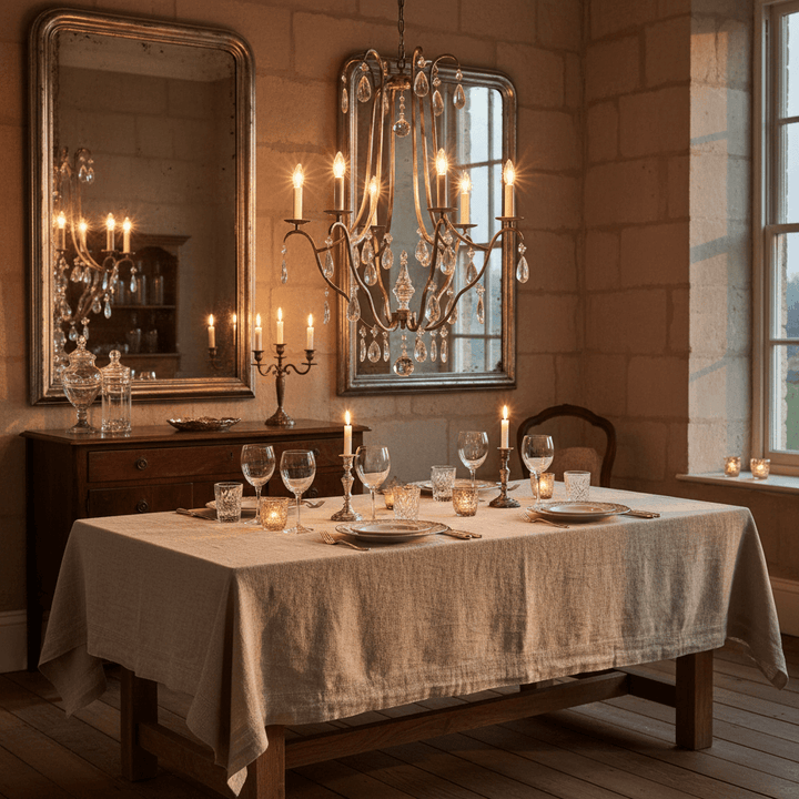 Elegant dining room featuring an Antique Silver Leaf Italian Chandelier with Crystal Drops illuminating a rustic wooden table setting.