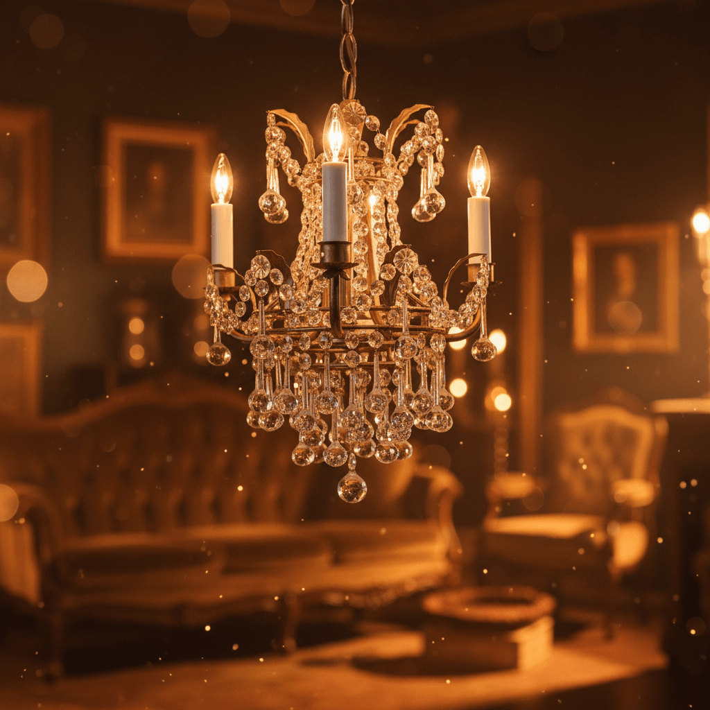 Antique Silver Leaf Mini Crystal Chandelier in a vintage Italian setting with elegant crystal detailing and soft ambient lighting.