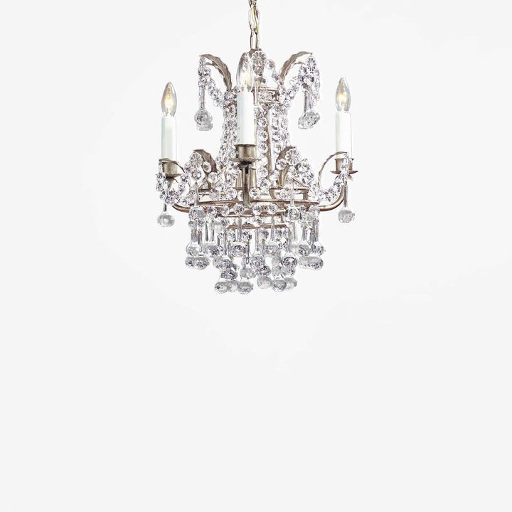Antique Silver Leaf Mini Crystal Chandelier with vintage Italian craftsmanship and elegant crystal design.