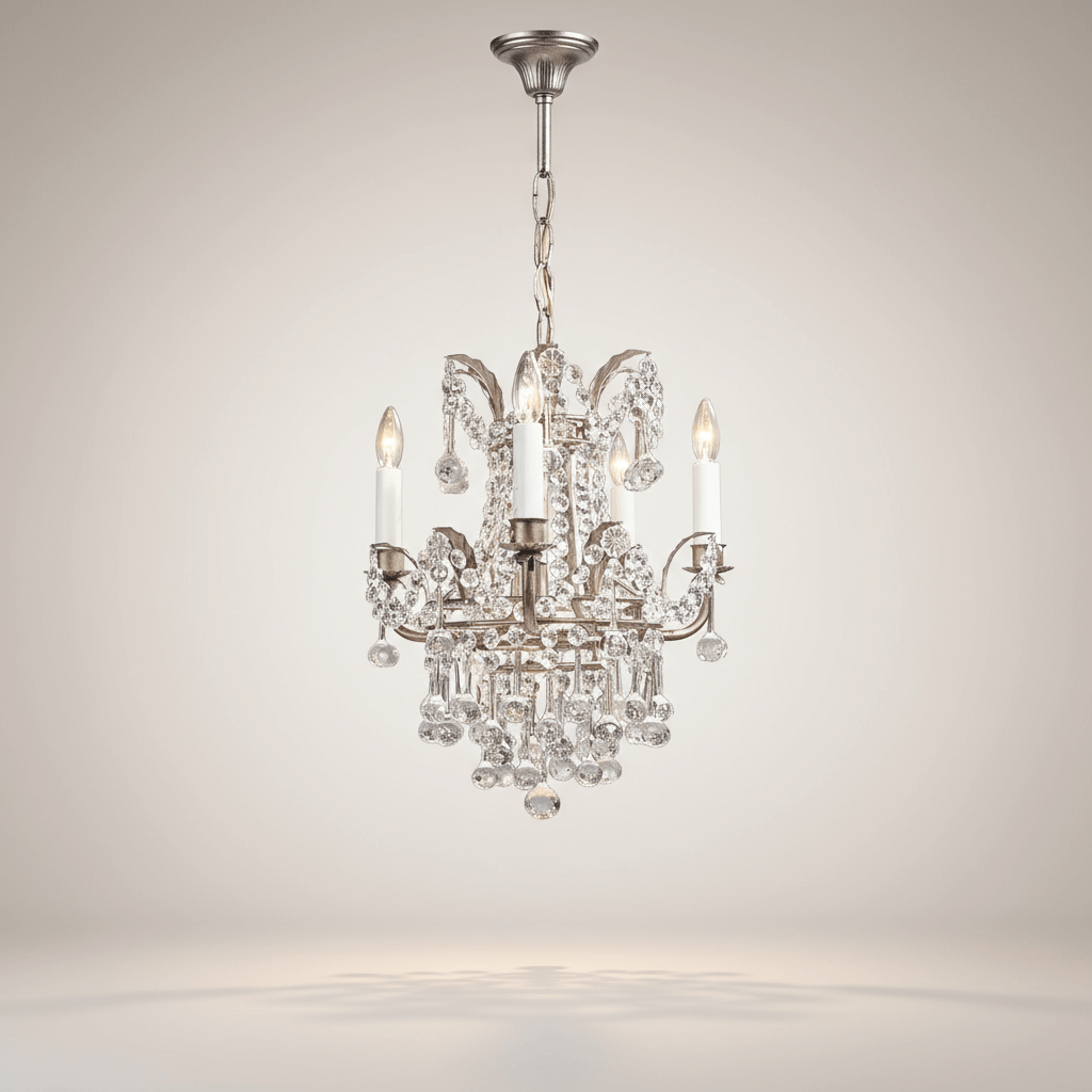Elegant Antique Silver Leaf Mini Crystal Chandelier with Italian craftsmanship and sparkling vintage glamour.
