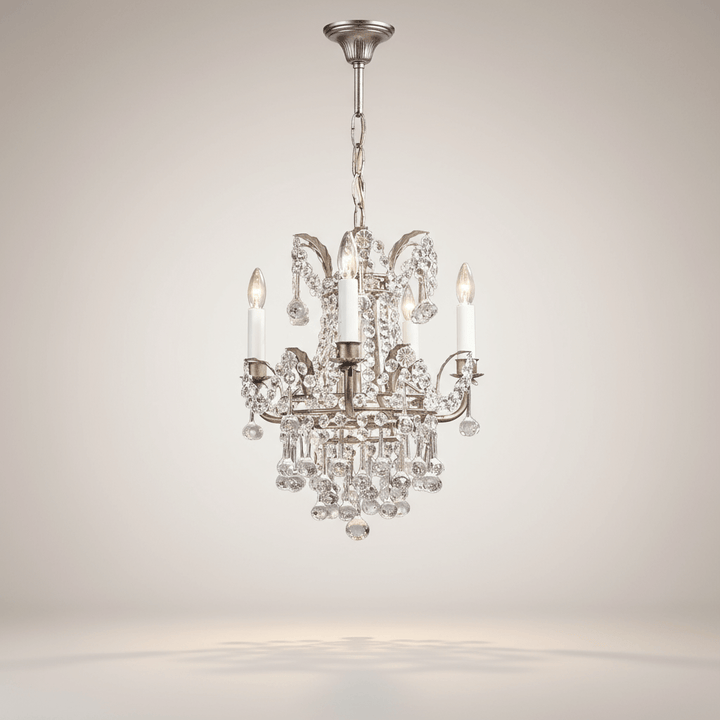 Elegant Antique Silver Leaf Mini Crystal Chandelier with Italian craftsmanship and sparkling vintage glamour.
