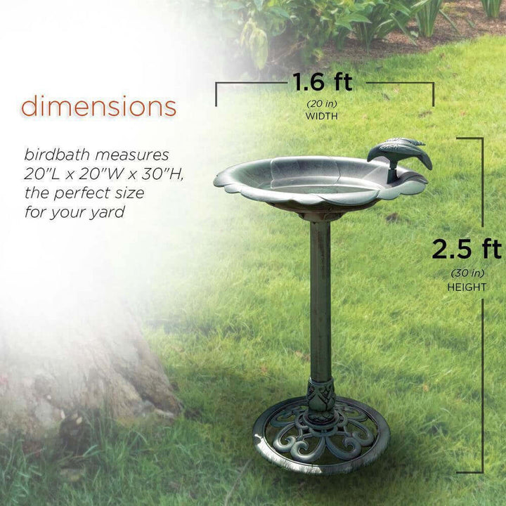 Antique Style Dark Green Bird Bath in garden, dimensions 20"L x 20"W x 30"H, ideal for outdoor decor