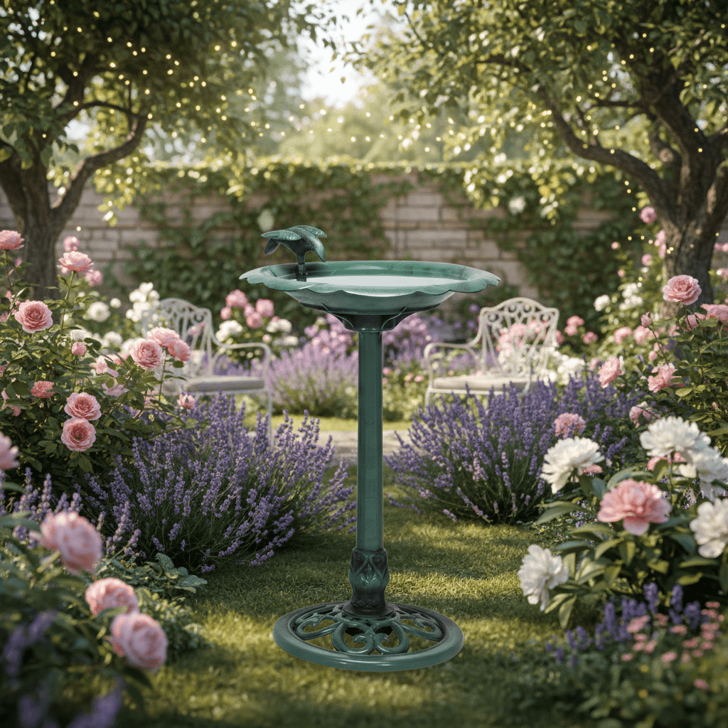 Antique Style Dark Green Bird Bath surrounded by lush garden blooms, enhancing the vintage charm of your outdoor space.