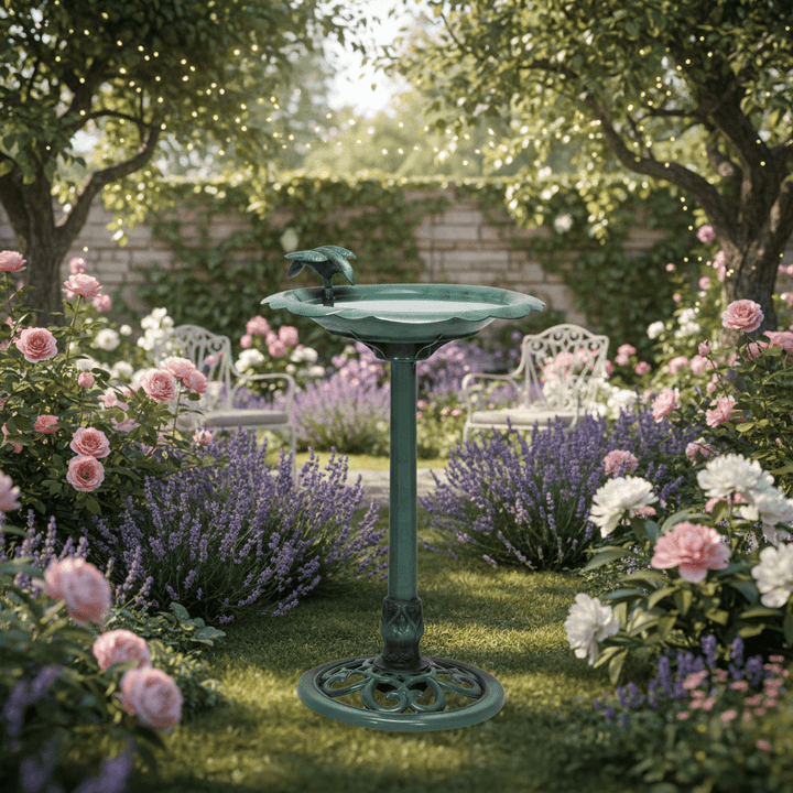 Antique Style Dark Green Bird Bath surrounded by lush garden blooms, enhancing the vintage charm of your outdoor space.