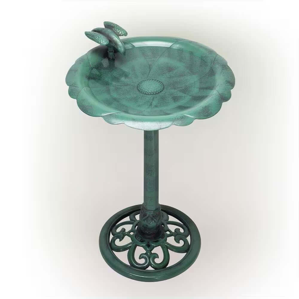 Antique Style Dark Green Bird Bath with vintage design, weather-resistant materials for garden decor.