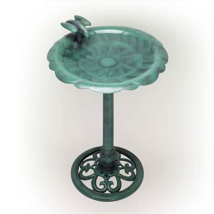 Antique Style Dark Green Bird Bath with vintage design, weather-resistant materials for garden decor.