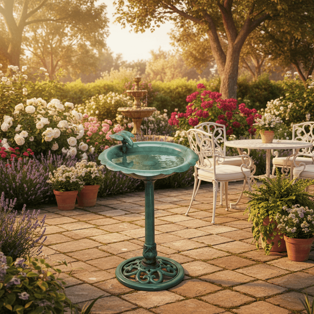 Antique Style Dark Green Bird Bath in a lush garden setting, surrounded by colorful flowers and elegant patio furniture.