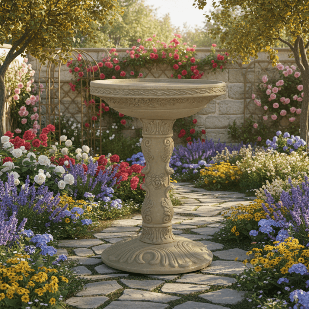 Antique-Style Garden Bird Bath in Aged Granite amidst colorful flowers and greenery