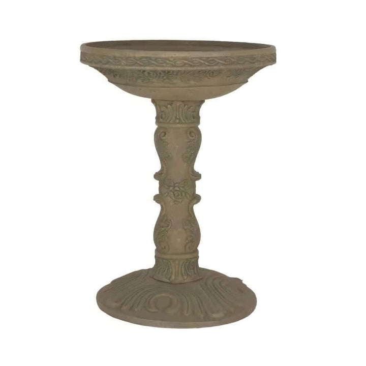 Antique-Style Garden Bird Bath in Aged Granite with sculpted rose motifs and weathered stone finish, evoking timeless beauty.