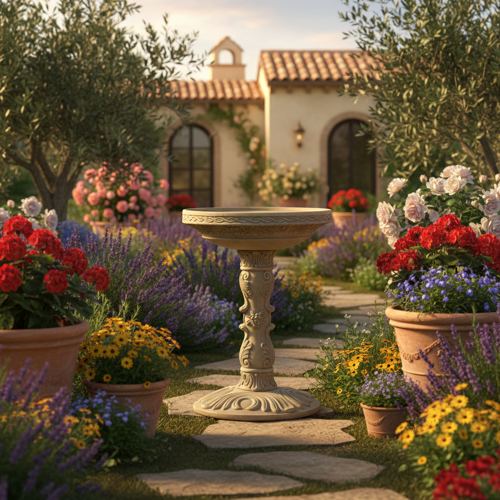 Antique-Style Garden Bird Bath in Aged Granite surrounded by vibrant flowers in a picturesque garden setting.