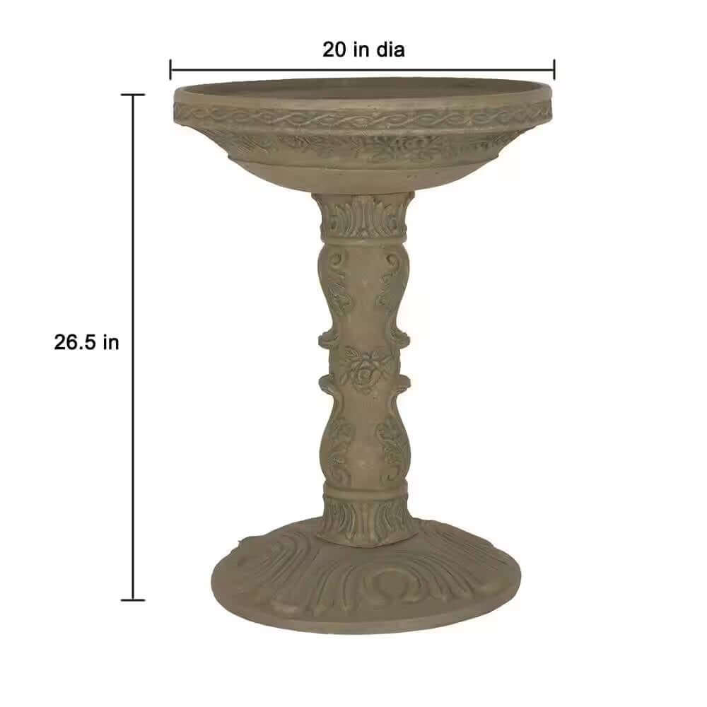 Antique-Style Garden Bird Bath in Aged Granite with sculpted rose motifs, 20-inch diameter, 26.5 inches tall.