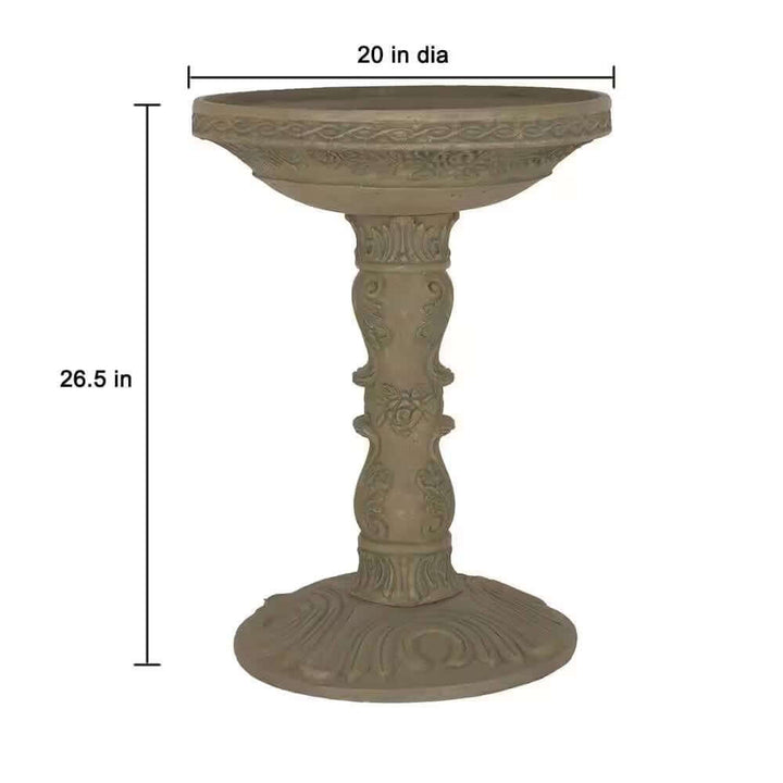 Antique-Style Garden Bird Bath in Aged Granite with sculpted rose motifs, 20-inch diameter, 26.5 inches tall.