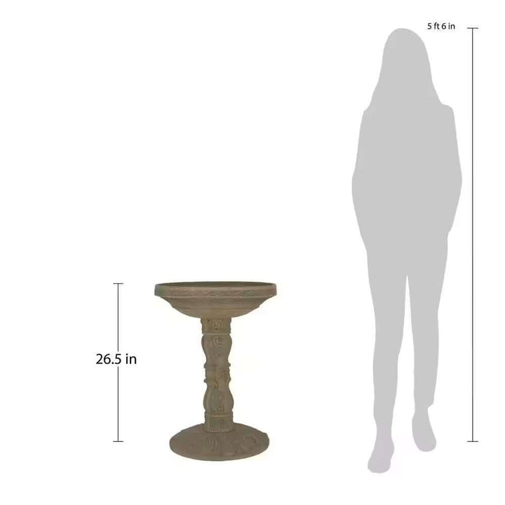 Antique-Style Garden Bird Bath in Aged Granite with size comparison to a person.