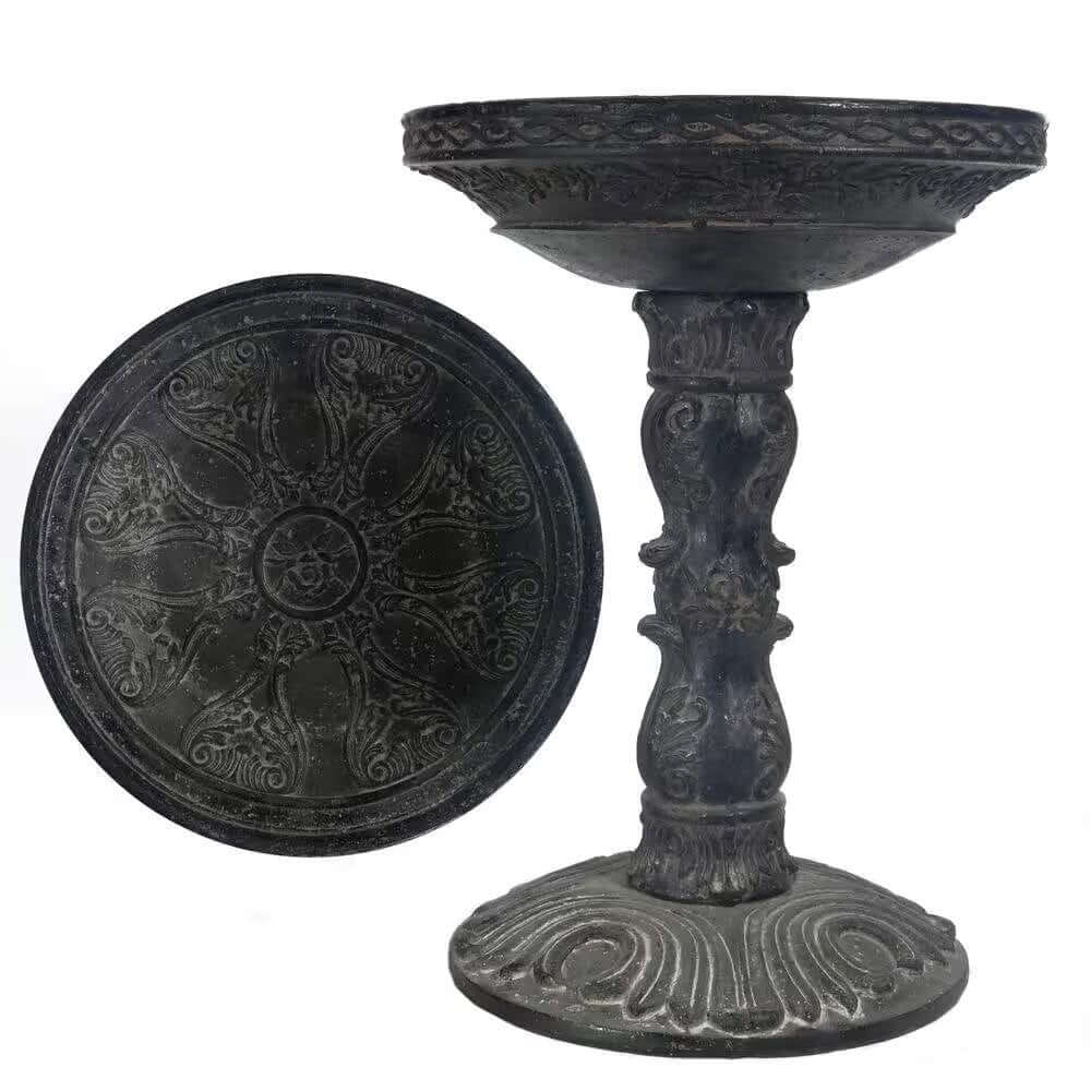 Antique-Style Garden Bird Bath with intricate weathered stone design, crafted from fiberglass and natural stone resin.