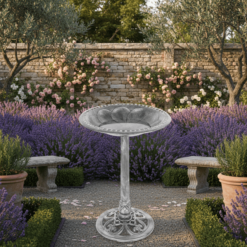 Antique Style Silver Bird Bath in a serene garden with lavender and roses, ideal for enhancing outdoor spaces with rustic charm.