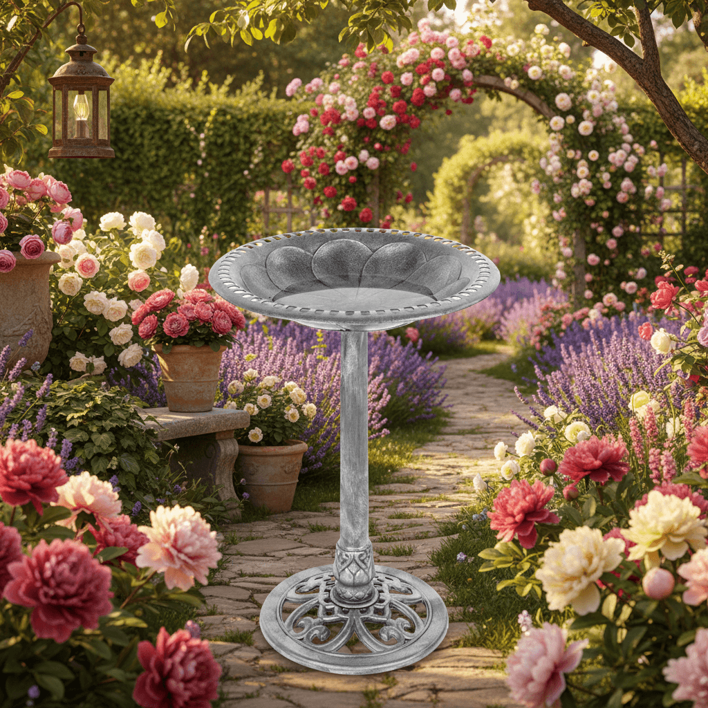 Antique Style Silver Bird Bath in a vibrant garden with blooming flowers and lush greenery.
