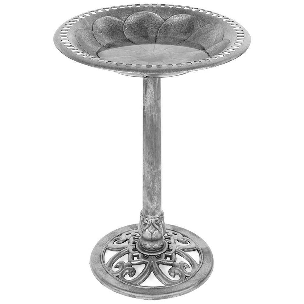 Antique Style Silver Bird Bath with rustic aged finish, perfect for garden decor.