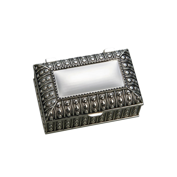 Antique-Style Silver Jewelry Box with ornate beaded detailing and vintage charm, reflecting early 20th-century craftsmanship.