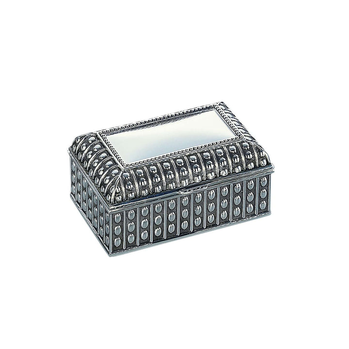 Antique-Style Silver Jewelry Box with vintage beaded detailing and antique finish, reflecting early 20th-century craftsmanship charm.