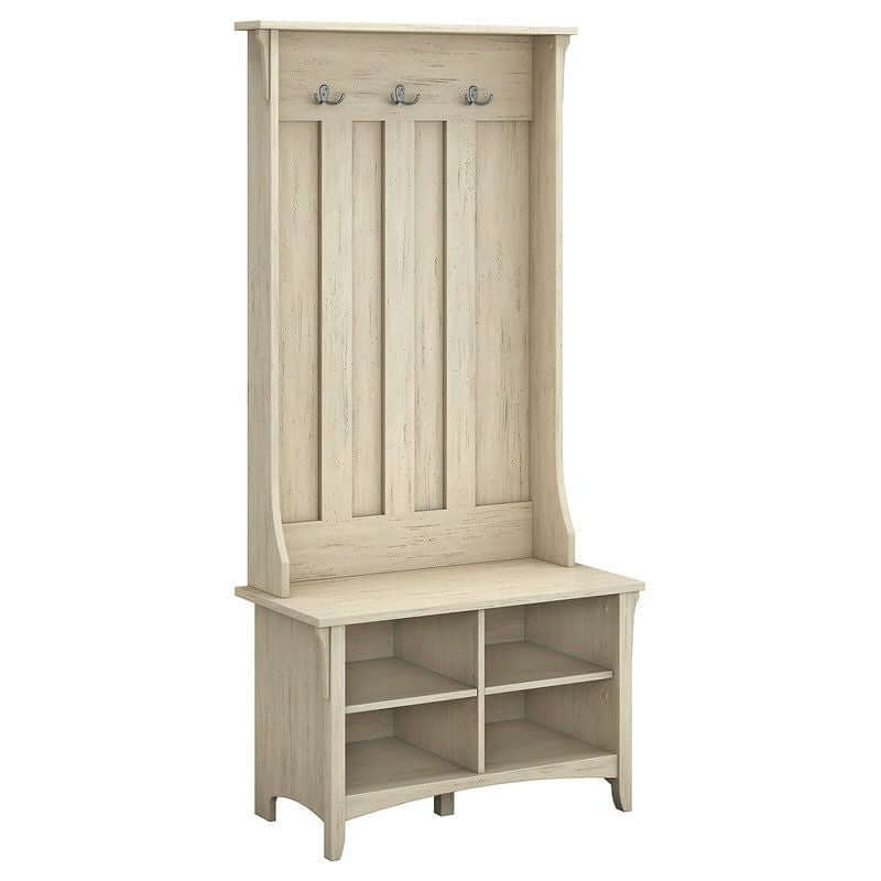 Antique White Entryway Hall Tree with Storage Bench featuring a distressed finish and multiple storage compartments.