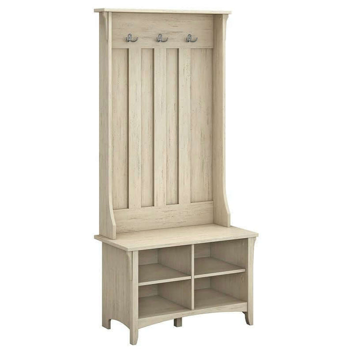Antique White Entryway Hall Tree with Storage Bench featuring a distressed finish and multiple storage compartments.
