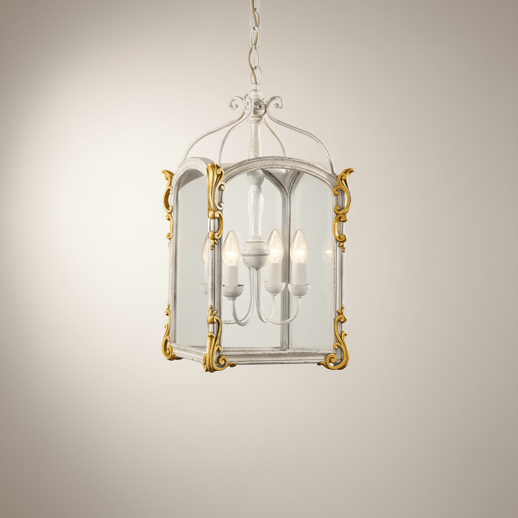 Decorative pendant light with gold accents on a beige background