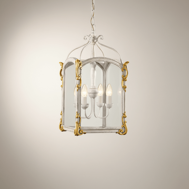 Decorative pendant light with gold accents on a beige background