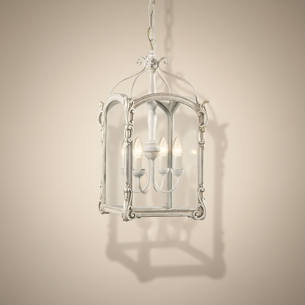 Decorative chandelier light with glass panels on a beige background