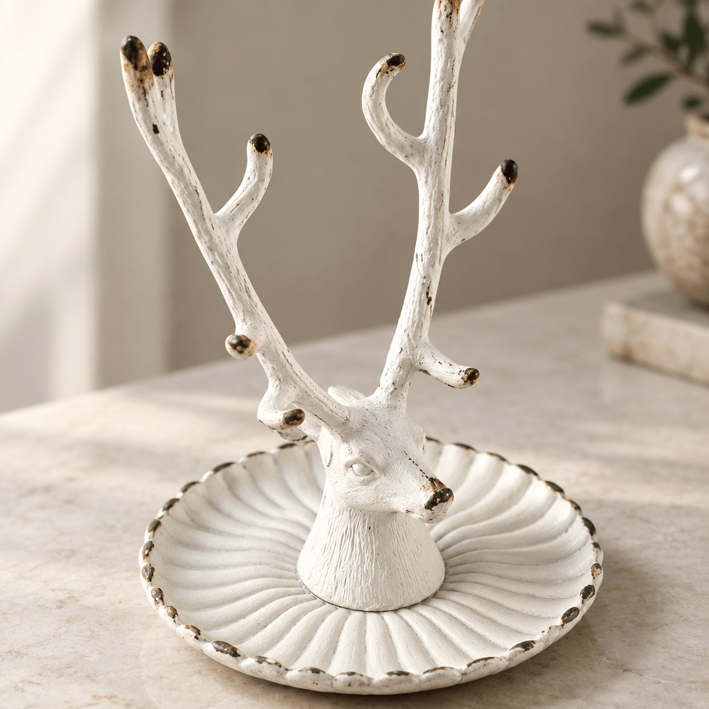 Detail of the stag head and fluted scalloped dish with an antique white distressed finish