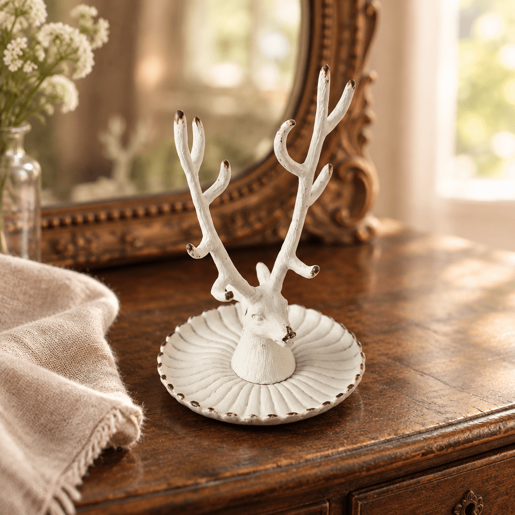 Antique white pewter stag jewelry dish styled on a wooden vanity beside linen and a vintage mirror